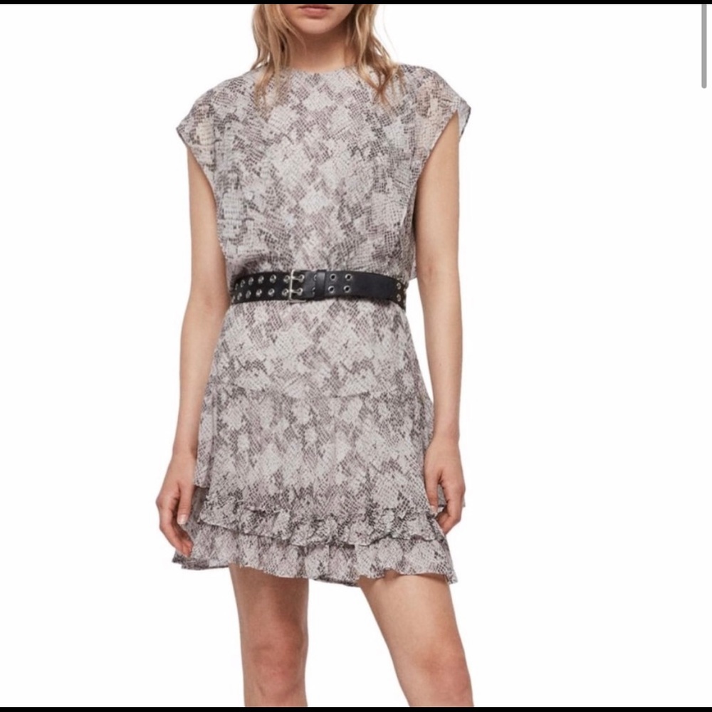 All Saints Evely Midgard Snakeskin Ruffle Mini Dress | Color: Black/Gray